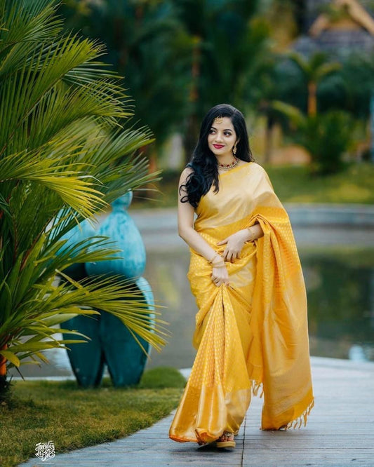 "Sunny Elegance: Yellow Lichi Silk Saree With Jacquard Work and Beautiful Pall