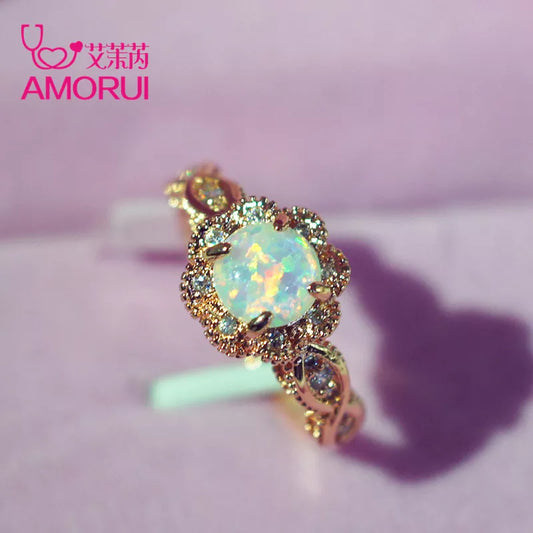 AMORUI Vintage Australian Crystal Flower Ring Female Jewelry